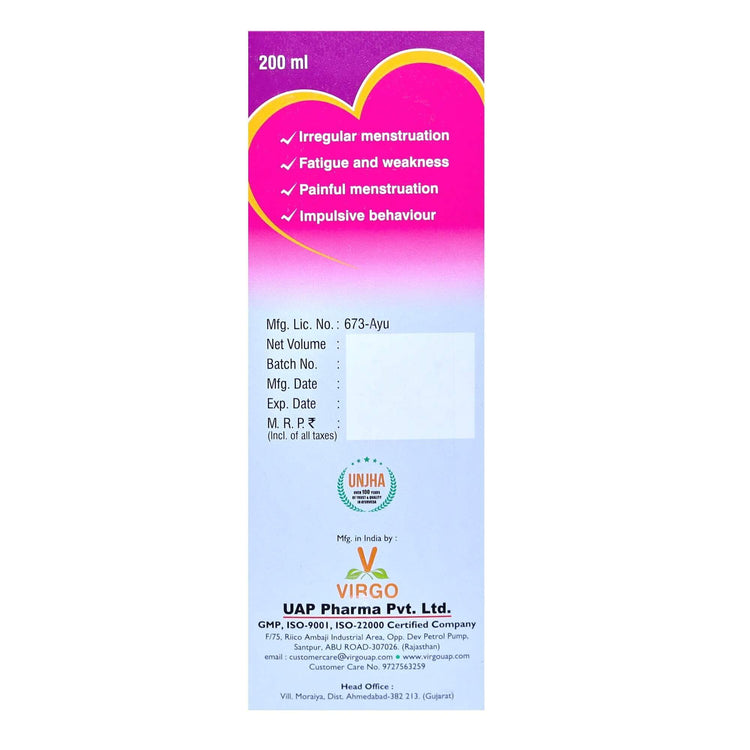 Virgo Suhasini Syrup : Helpful in Irregular Menstrual Cycles, White Discharge, Leucorrhea, Premenstrual & Menopausal Syndrome, Uterine Problems (400 ml) (200 ml X 2)