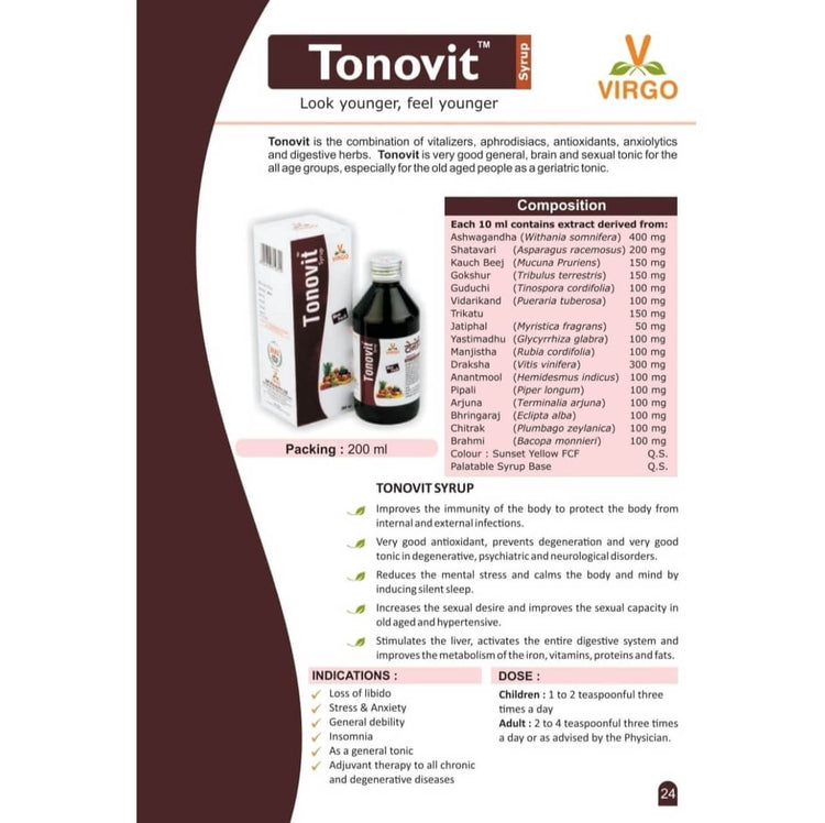 Virgo Tonovit Syrup : For General Wellness, Brain Tonic and Sexual Wellness Tonic (400 ml) (200 ml X 2)