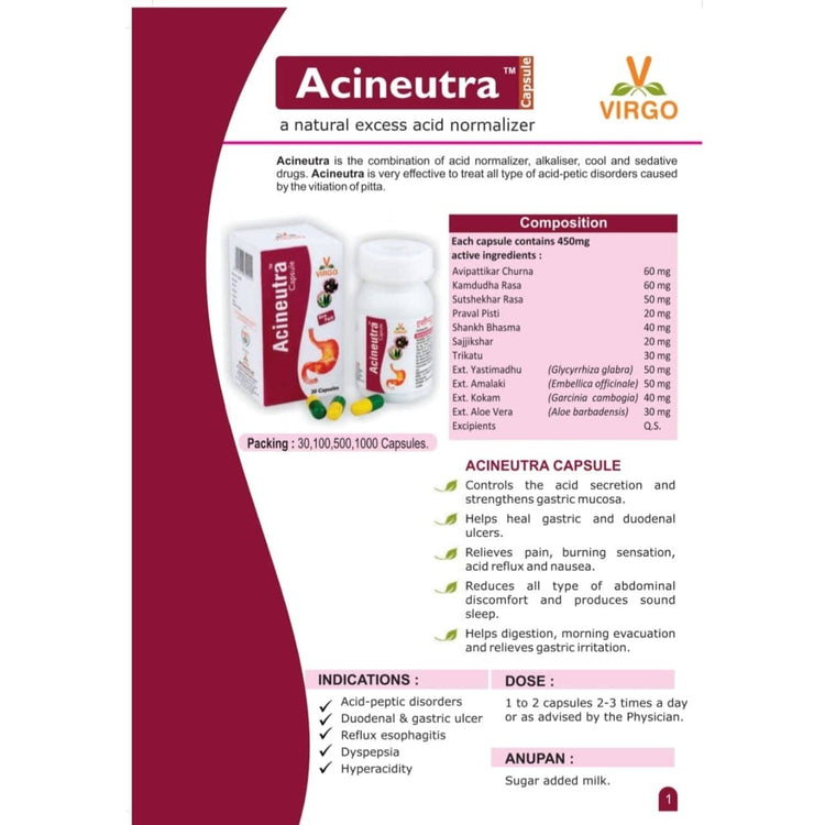 Uniherbs India Capsules Virgo Acineutra Capsules - For Acidity, Gas & Pitta, Helps Digestion, Morning Evacuation and Relieves Gastric Irritation (60 Capsules) (30 Capsules X 2 Pack)