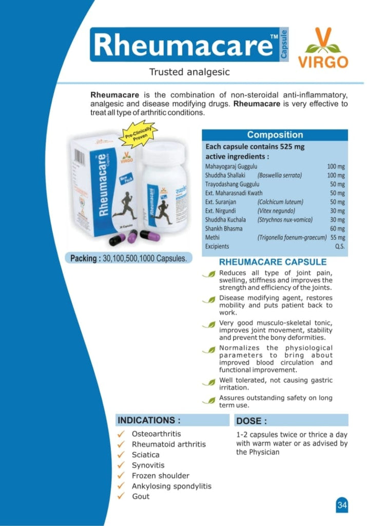Uniherbs India Capsules Virgo Rheumacare Capsules - For Osteoarthritis, Rheumatoid Arthritis, Gout, Sciatica (60 Capsules) (30 Capsules X 2 Pack)