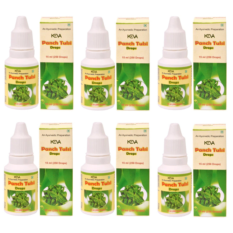 Uniherbs India Drops Keva Panch Tulsi Drops : Highly Concentrated & Natural Extract of 5 Basil Leaves, For Cough, Cold, Indigestion, Rich Source of Antioxidants (90 ml) (15 ml X 6)