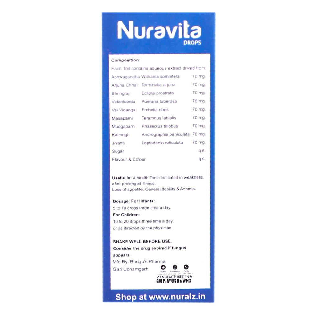 Uniherbs India Drops Nuralz Nuravita Drops : Rich Source of Antioxidants & Vitamins, A Health Tonic in Weakness after Prolonged Illness, Loss of appetite, General Debility & Anemia (240 ml) (60 ml X 4)
