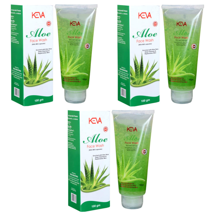 Uniherbs India Face Wash Pack of 3 - 300 grams Keva Aloe Vera Face Wash : With Milli Capsules, Enriched with Aloe Vera, Lightens and Brightens Face Naturally