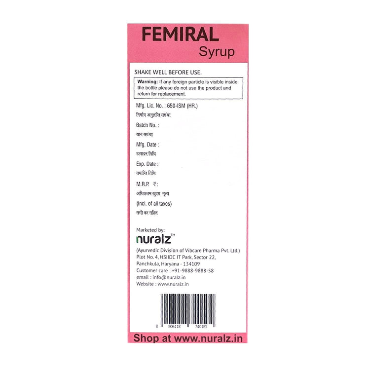 Uniherbs India Syrup Nuralz Femiral Syrup : Helps Cure Vaginal Dryness & Irritation, Helps In Treatment of Leucorrhoea (400 ml) (200 ml X 2 Pack)