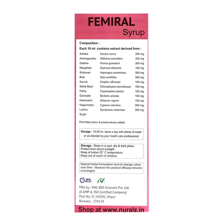 Uniherbs India Syrup Nuralz Femiral Syrup : Helps Cure Vaginal Dryness & Irritation, Helps In Treatment of Leucorrhoea (400 ml) (200 ml X 2 Pack)