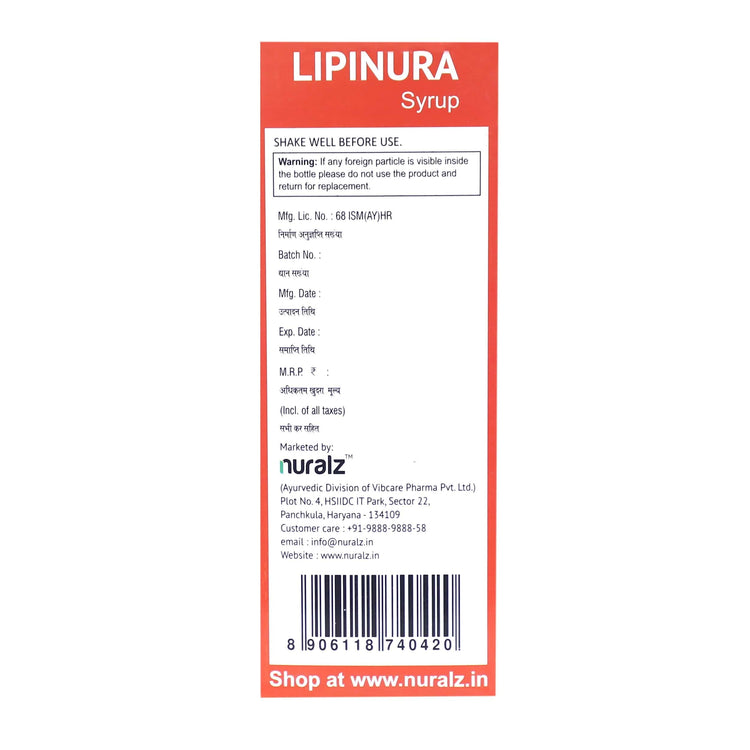 Uniherbs India Syrup Nuralz Lipinura Syrup : Sugar free Ayurvedic Medicine Lowers Bad Cholesterol, LDL & Triglycerides (200 ml)