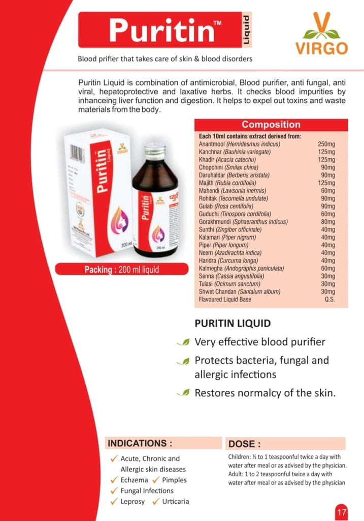 Uniherbs India Syrup Virgo Puritin Liquid - Blood Purifer, Skin Disease, Eczema, Pimples (400 ml) (200 ml X 2 Pack)