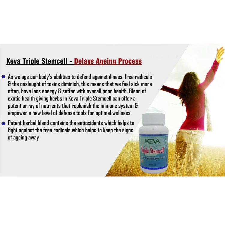 Uniherbs India Tablets Keva Triple Stem Cell Tablets : Helps in Renewal Process of Damaged Body Cell, Anti Ageing, A Body Detoxifier (60 Tablets)