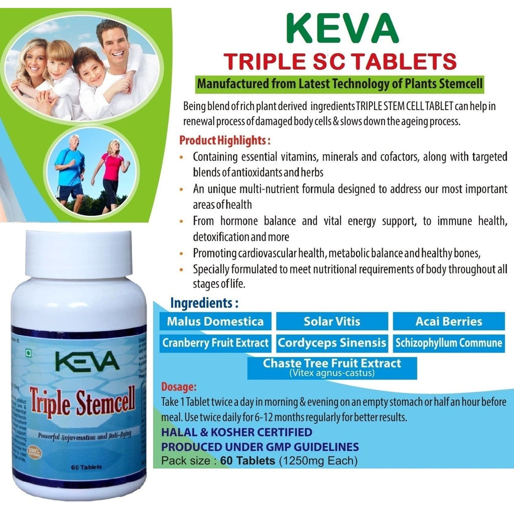Uniherbs India Tablets Keva Triple Stem Cell Tablets : Helps in Renewal Process of Damaged Body Cell, Anti Ageing, A Body Detoxifier (60 Tablets)